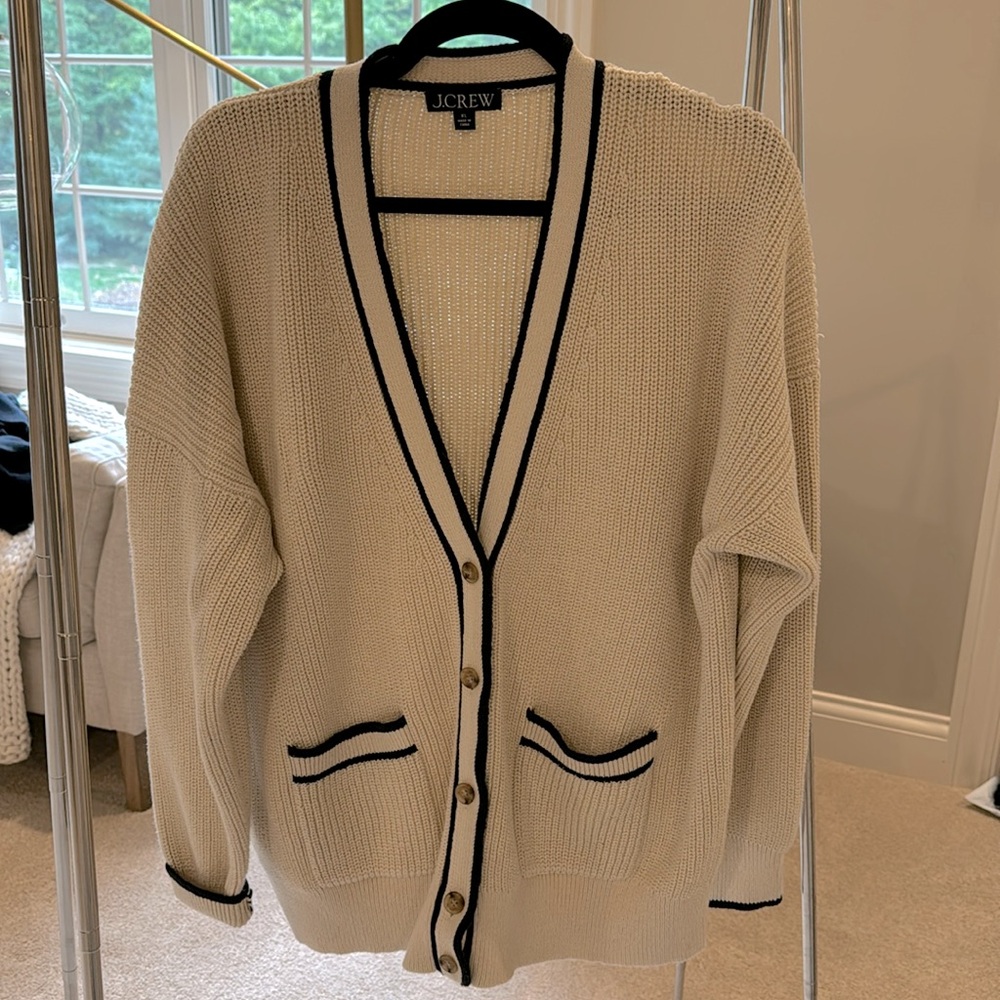 J. Crew Cream Cardigan with Black Trim